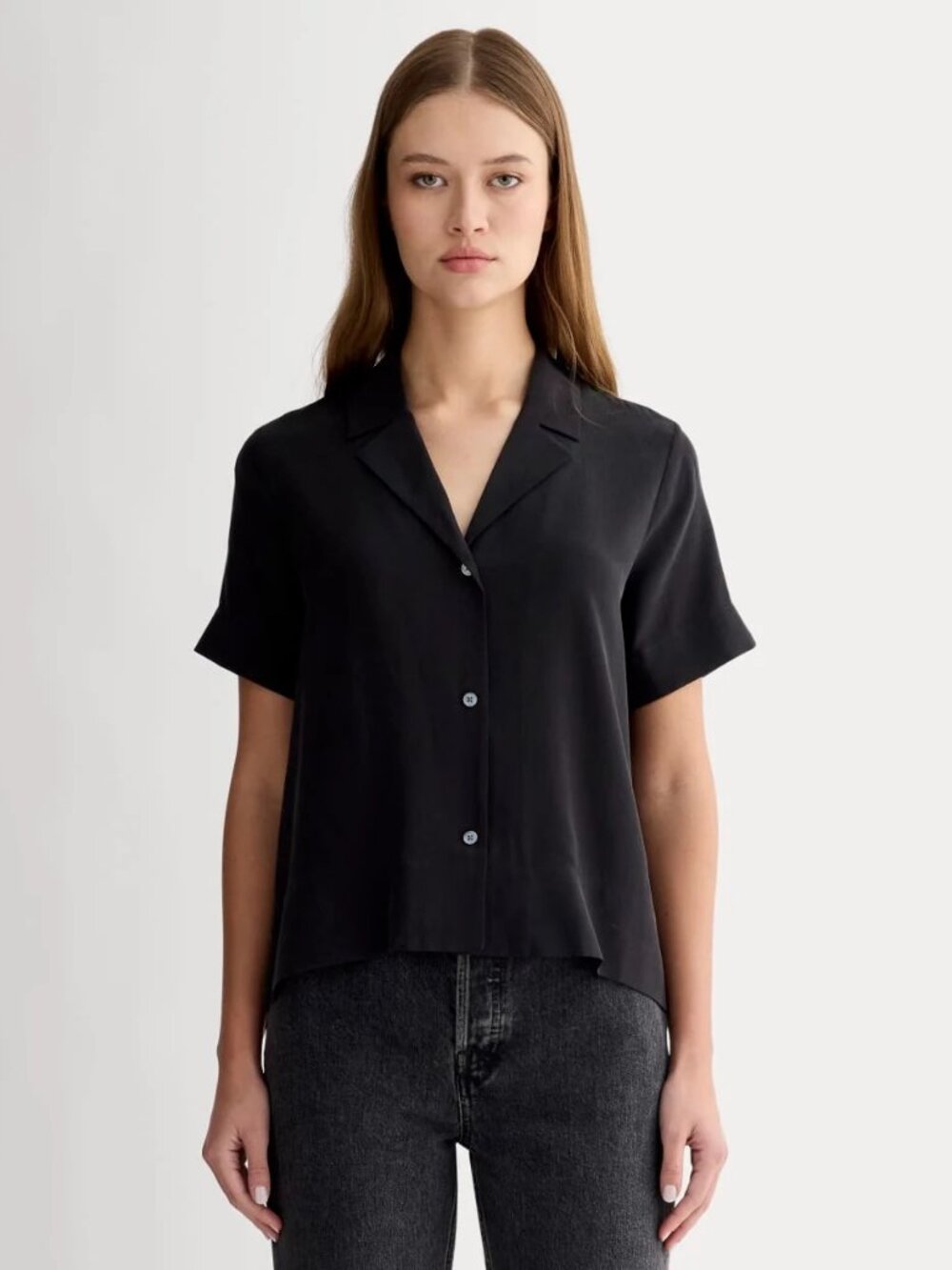 Everlane Silk Short-Sleeve Notch Shirt - Black - Size 4